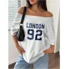 imageWomens Oversized Off The Shoulder Graphic Tees Letter Bow Print Short Sleeve T Shirt Y2K TopsBlue Number