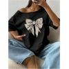 imageWomens Oversized Off The Shoulder Graphic Tees Letter Bow Print Short Sleeve T Shirt Y2K TopsBow Black