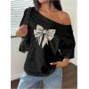 imageWomens Oversized Off The Shoulder Graphic Tees Letter Bow Print Short Sleeve T Shirt Y2K TopsBow Black