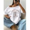 imageWomens Oversized Off The Shoulder Graphic Tees Letter Bow Print Short Sleeve T Shirt Y2K TopsBrown and White