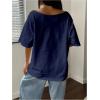 imageWomens Oversized Off The Shoulder Graphic Tees Letter Bow Print Short Sleeve T Shirt Y2K TopsDark Blue