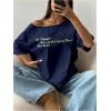 imageWomens Oversized Off The Shoulder Graphic Tees Letter Bow Print Short Sleeve T Shirt Y2K TopsDark Blue