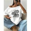 imageWomens Oversized Off The Shoulder Graphic Tees Letter Bow Print Short Sleeve T Shirt Y2K TopsMix White