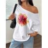 imageWomens Oversized Off The Shoulder Graphic Tees Letter Bow Print Short Sleeve T Shirt Y2K TopsOrange Flower