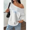 imageWomens Oversized Off The Shoulder Graphic Tees Letter Bow Print Short Sleeve T Shirt Y2K TopsWhite