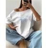 imageWomens Oversized Off The Shoulder Graphic Tees Letter Bow Print Short Sleeve T Shirt Y2K TopsWhite