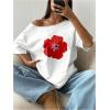 imageWomens Oversized Off The Shoulder Graphic Tees Letter Bow Print Short Sleeve T Shirt Y2K TopsWhite Flower