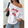 imageWomens Oversized Off The Shoulder Graphic Tees Letter Bow Print Short Sleeve T Shirt Y2K TopsWhite Graphic