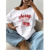imageWomens Oversized Off The Shoulder Graphic Tees Letter Bow Print Short Sleeve T Shirt Y2K TopsWhite Graphic