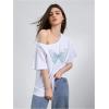 imageWomens Oversized Off The Shoulder Graphic Tees Letter Bow Print Short Sleeve T Shirt Y2K TopsWhite and Blue