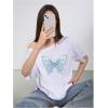 imageWomens Oversized Off The Shoulder Graphic Tees Letter Bow Print Short Sleeve T Shirt Y2K TopsWhite and Blue
