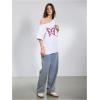 imageWomens Oversized Off The Shoulder Graphic Tees Letter Bow Print Short Sleeve T Shirt Y2K TopsWhite and Purple