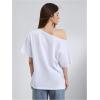 imageWomens Oversized Off The Shoulder Graphic Tees Letter Bow Print Short Sleeve T Shirt Y2K TopsWhite and Purple
