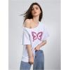 imageWomens Oversized Off The Shoulder Graphic Tees Letter Bow Print Short Sleeve T Shirt Y2K TopsWhite and Purple