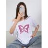 imageWomens Oversized Off The Shoulder Graphic Tees Letter Bow Print Short Sleeve T Shirt Y2K TopsWhite and Purple