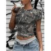 imageWomens Y2k Camo Maple Leaf Print Crop T Shirts Crew Neck Short Sleeve Slim Fit Tops Grunge Going OutDark Grey