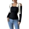 imageWomens Bow Knot Shoulder Colorblock T Shirt Long Sleeve Slim Fit Elegant Tee TopsBlack
