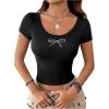 imageWomens Bowknot Rhinestone Glitter Crop Tops Scoop Neck Short Sleeve Y2K Graphic Tee ShirtBlack