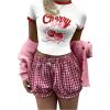 imageWomens Cherry Embroidery Print Shirt Contrast Color Neck Tee Short Sleeve Graphic Casual T Shirt Summer Tee TopsWhite Red