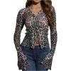 imageWomens Leopard Sheer Tops Bell Sleeve Tie Front V Neck T Shirt Vintage Party Y2K Clothes Going Out TopGrey