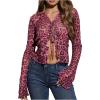 imageWomens Leopard Sheer Tops Bell Sleeve Tie Front V Neck T Shirt Vintage Party Y2K Clothes Going Out TopPink