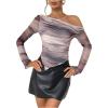 imageWomens Off Shoulder Tie Dye Mesh T Shirt Long Sleeve Asymmetrical Hem Ruched Fitted Tee TopsDusty Purple