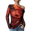 imageWomens Off Shoulder Tie Dye Mesh T Shirt Long Sleeve Asymmetrical Hem Ruched Fitted Tee TopsOrange and Black