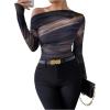 imageWomens Off Shoulder Tie Dye Ruched T Shirt Long Sleeve Slim Fit Going Out Tee TopsBrown