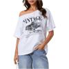 imageWomens Off The Shoulder Tops Floral Graphic Oversized Tshirts Shirts Y2k Summer Tops TrendyWhite With Black