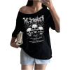 imageWomens Off The Shoulder Tops Graphic Goth Tee Y2k Vintage Asymmetrical Neck Oversized T ShirtsGoth Black