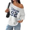 imageWomens Oversized Off The Shoulder Graphic Tees Letter Bow Print Short Sleeve T Shirt Y2K TopsBlue Number