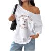 imageWomens Oversized Off The Shoulder Graphic Tees Letter Bow Print Short Sleeve T Shirt Y2K TopsBrown and White