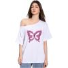 imageWomens Oversized Off The Shoulder Graphic Tees Letter Bow Print Short Sleeve T Shirt Y2K TopsWhite and Purple