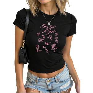 imageWomens Beach Graphic Tee Trendy Summer Short Sleeve Tee Shirts Crew Neck Crop Tops Bikini Print Preppy TopBlack and Pink