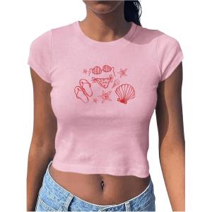 imageWomens Beach Graphic Tee Trendy Summer Short Sleeve Tee Shirts Crew Neck Crop Tops Bikini Print Preppy TopPink