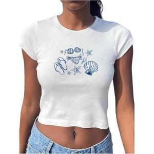 imageWomens Beach Graphic Tee Trendy Summer Short Sleeve Tee Shirts Crew Neck Crop Tops Bikini Print Preppy TopWhite