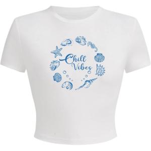 imageWomens Beach Graphic Tee Trendy Summer Short Sleeve Tee Shirts Crew Neck Crop Tops Bikini Print Preppy TopWhite Blue