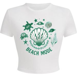 imageWomens Beach Graphic Tee Trendy Summer Short Sleeve Tee Shirts Crew Neck Crop Tops Bikini Print Preppy TopWhite Green