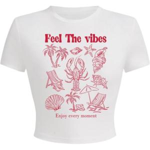 imageWomens Beach Graphic Tee Trendy Summer Short Sleeve Tee Shirts Crew Neck Crop Tops Bikini Print Preppy TopWhite Red