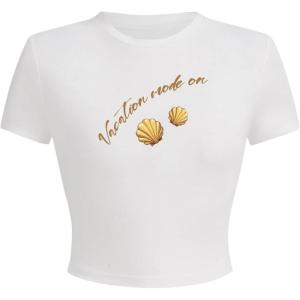 imageWomens Beach Graphic Tee Trendy Summer Short Sleeve Tee Shirts Crew Neck Crop Tops Bikini Print Preppy TopWhite Yellow