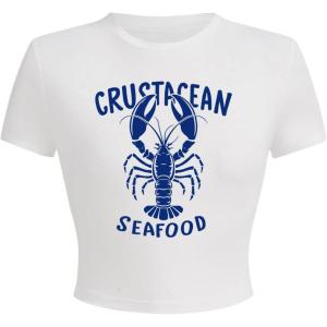 imageWomens Beach Graphic Tee Trendy Summer Short Sleeve Tee Shirts Crew Neck Crop Tops Bikini Print Preppy TopWhite and Blue