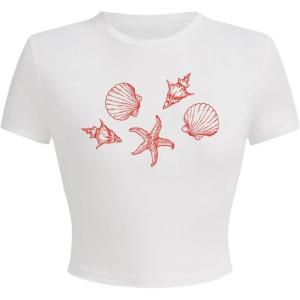 imageWomens Beach Graphic Tee Trendy Summer Short Sleeve Tee Shirts Crew Neck Crop Tops Bikini Print Preppy TopWhite and Orange