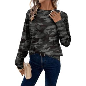 imageWomens Camo T Shirt Crew Neck Long Sleeve Tee Tops Causal Fall ClothesDark Grey