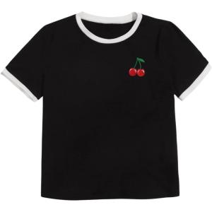 imageWomens Cherry Embroidery Print Shirt Contrast Color Neck Tee Short Sleeve Graphic Casual T Shirt Summer Tee TopsBlack White