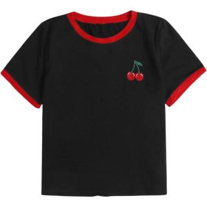 imageWomens Cherry Embroidery Print Shirt Contrast Color Neck Tee Short Sleeve Graphic Casual T Shirt Summer Tee TopsBlack and Red