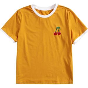 imageWomens Cherry Embroidery Print Shirt Contrast Color Neck Tee Short Sleeve Graphic Casual T Shirt Summer Tee TopsMustard Yellow