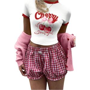 imageWomens Cherry Embroidery Print Shirt Contrast Color Neck Tee Short Sleeve Graphic Casual T Shirt Summer Tee TopsWhite Red