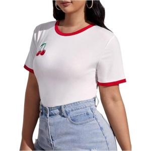 imageWomens Cherry Embroidery Print Shirt Contrast Color Neck Tee Short Sleeve Graphic Casual T Shirt Summer Tee TopsWhite With Red