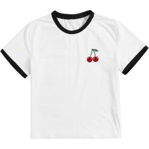 imageWomens Cherry Embroidery Print Shirt Contrast Color Neck Tee Short Sleeve Graphic Casual T Shirt Summer Tee TopsWhite and Black