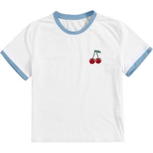 imageWomens Cherry Embroidery Print Shirt Contrast Color Neck Tee Short Sleeve Graphic Casual T Shirt Summer Tee TopsWhite and Blue